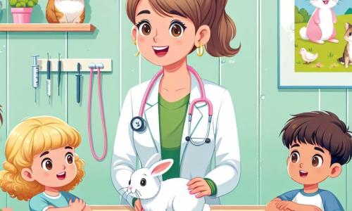 Illustrazione che rappresenta una sala di consultazione di un veterinario, luminosa e colorata, con pareti dipinte di verde pastello e manifesti di animali sorridenti appesi. Al centro, un grande tavolo in legno chiaro è circondato da vari strumenti veterinari e giocattoli per animali. Il personaggio principale è una veterinaria di circa trent'anni, con capelli castani legati in una coda di cavallo, che porta un sorriso caloroso. Indossa un camice bianco e tiene uno stetoscopio in mano, inclinata con attenzione verso un adorabile coniglietto bianco sul tavolo. Intorno a lei, un gruppo di quattro bambini, di età compresa tra 8 e 10 anni, osserva con meraviglia. Una ragazza dai capelli biondi e ricci, con una maglietta rosa, tende la mano per accarezzare il coniglietto, mentre un ragazzo dai capelli castani e lisci, vestito con una maglietta blu, ascolta con fascinazione le spiegazioni della veterinaria. La situazione principale mostra la veterinaria che spiega ai bambini come prendersi cura degli animali, con espressioni di curiosità ed eccitazione sui loro volti. Giocattoli a forma di animali e accessori per la cura degli animali sono sparsi intorno a loro, aggiungendo un tocco ludico alla scena.