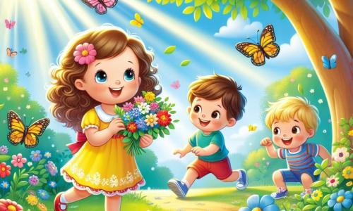 Illustrazione che rappresenta un parco in piena fioritura in primavera, con alberi dalle foglie verdi brillanti e fiori colorati sparsi sul terreno. Al centro dell'immagine, una ragazza di circa 7 anni con capelli ricci e un vestito giallo, sorridente, tiene un mazzo di fiori tra le mani. Accanto a lei, un ragazzo di circa 8 anni, con capelli castani e una maglietta blu, corre felicemente cercando di catturare una farfalla blu che vola intorno a lui. Un altro ragazzo, di circa 6 anni, con capelli biondi e pantaloni corti rossi, osserva attentamente un grande fiore rosa. L'atmosfera è gioiosa e soleggiata, con raggi di luce che filtrano tra i rami degli alberi e farfalle colorate che danzano nell'aria.