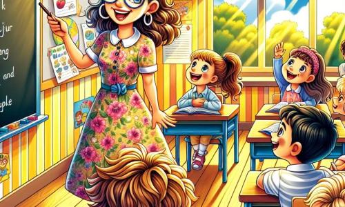 Illustrazione che rappresenta un'aula colorata e soleggiata, con pareti dipinte di giallo vivo e manifesti educativi appesi. Al centro, una grande finestra lascia entrare la luce, illuminando i banchi di legno dove sono seduti dei bambini. Il personaggio principale è una donna, un'insegnante sorridente con capelli castani raccolti in una coda di cavallo. Indossa un abito floreale e occhiali rotondi, e si trova davanti a una lavagna nera, tenendo un gesso in una mano, mentre spiega con entusiasmo un progetto per la festa di fine anno. Tra i personaggi secondari, un ragazzo di circa 8 anni con capelli ricci e un'energia travolgente alza la mano, impaziente di condividere le sue idee. Accanto a lui, una ragazza della stessa età, con occhi scintillanti e una treccia, guarda con ammirazione l'insegnante, pronta a cantare una canzone. La situazione principale mostra l'insegnante che incoraggia i suoi alunni a condividere le loro idee per la festa, creando un'atmosfera gioiosa e collaborativa. Elementi grafici aggiuntivi includono decorazioni colorate di carta appese al soffitto, libri impilati sui banchi e sorrisi radiosi sui volti dei bambini, illustrando l'eccitazione e l'entusiasmo dell'apprendimento.