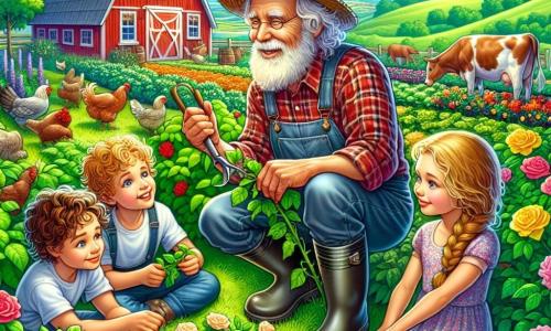 Illustrazione che rappresenta un incantevole giardino di fattoria, pieno di fiori colorati e verdure fresche. Sullo sfondo si intravede un vecchio fienile di legno rosso, circondato da colline verdi sotto un cielo blu splendente. Un uomo anziano, con una lunga barba bianca come la neve e occhi brillanti di saggezza, sta potando delle rose. Indossa una camicia a quadri, un cappello di paglia e stivali di gomma. Accanto a lui, un gruppo di tre bambini, due ragazze e un ragazzo, di circa 7-10 anni, sono seduti sull'erba. Le ragazze, una con capelli ricci e l'altra con una treccia, indossano abiti colorati, mentre il ragazzo, con capelli castani in disordine, è vestito con una maglietta e pantaloni corti. Ascoltano attentamente l'uomo, con gli occhi brillanti di meraviglia, mentre racconta storie della vita in fattoria. Animali da fattoria, come galline che beccano il terreno e una mucca che pascola tranquillamente, aggiungono vita alla scena.