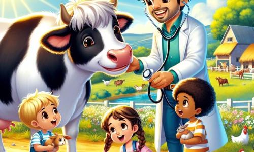Illustrazione che rappresenta una bella fattoria soleggiata con campi verdi e animali felici. Al centro, un uomo sorridente di circa trent'anni, con capelli castani disordinati e indossando un camice bianco da veterinario, si avvicina a una mucca dal pelo bianco e nero. Tiene uno stetoscopio in una mano e un piccolo secchio pieno di cibo nell'altra, pronto a prendersi cura dell'animale. Intorno a lui, tre bambini di circa 8-10 anni lo guardano con meraviglia: una ragazza con capelli biondi intrecciati che accarezza un coniglietto, un ragazzo con capelli castani ricci che tiene una carota per attirare gli animali, e un altro ragazzo con capelli corti che osserva attentamente il veterinario. La scena mostra il veterinario che rassicura la mucca, mentre i bambini si impegnano gioiosamente nella cura degli animali. Sullo sfondo si vedono alberi in fiore, galline che beccano il terreno e un cielo blu punteggiato di nuvole bianche. L'atmosfera è calorosa e piena di vita, illustrando l'amore e l'attenzione che si riservano agli animali nella fattoria.