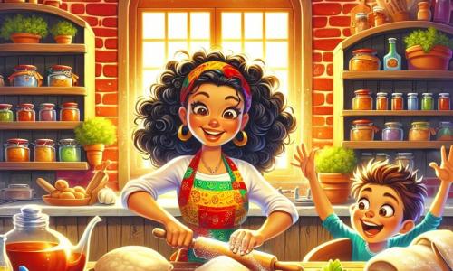 Illustrazione che rappresenta una cucina italiana calda e vivace, con muri in mattoni rossi e scaffali in legno pieni di barattoli di spezie colorate. Al centro, un grande tavolo in legno è coperto di farina, verdure fresche e utensili da cucina scintillanti. Il personaggio principale è una donna energica, con capelli neri e ricci che danzano attorno al suo viso sorridente. Indossa un bel grembiule colorato, macchiato di farina e salsa, e sta impastando con entusiasmo, con le mani piene di farina. Accanto a lei, un giovane ragazzo di circa 10 anni, con capelli castani e occhi pieni di curiosità, osserva attentamente. Ha un ampio sorriso e tiene un mattarello, pronto ad aiutare. La scena principale mostra la donna mentre prepara un piatto speciale, con ingredienti sparsi attorno a lei, mentre il ragazzo la incoraggia con ammirazione. Raggi di luce filtrano dalla finestra, illuminando la scena e creando un'atmosfera gioiosa e conviviale. Ulteriori dettagli includono erbe fresche sul tavolo, un libro di ricette aperto accanto a loro e un gatto curioso che si infila tra le loro gambe, aggiungendo un tocco di vita a questa scena di cucina vivace.