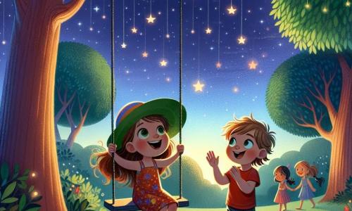 Ilustración que representa un parque al anochecer, con majestuosos árboles de hojas verdes y un cielo que va del azul a tonos violetas y naranjas. En primer plano, una niña de unos 6 años, con largos cabellos castaños y un gran sombrero colorido, se balancea alegremente en un columpio. A su lado, un niño de 7 años, con el cabello rubio alborotado y una camiseta roja, aplaude con una sonrisa radiante. Están rodeados de pequeñas estrellas brillantes que comienzan a aparecer en el cielo oscuro. La niña parece un poco preocupada al mirar las sombras, mientras que el niño la tranquiliza con un gesto amistoso. La atmósfera es mágica y reconfortante, ilustrando la transición del miedo a la oscuridad al descubrimiento de la belleza nocturna.