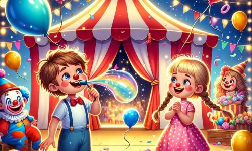 Ilustracja przedstawiająca kolorowy i wesoły cyrk, z dużym namiotem w paski czerwono-białymi na środku, otoczonym unoszącymi się balonami i błyszczącymi girlandami. Wewnątrz, chłopiec w wieku około 8 lat, z rozczochranymi brązowymi włosami, ma na sobie niebieską koszulkę i krótkie spodenki. Właśnie dmucha w balon, jego policzki są napompowane, a na twarzy ma szeroki uśmiech. Obok niego stoi dziewczynka w wieku około 7 lat, z długimi blond warkoczami, ubrana w różową sukienkę w kropki, z zachwytem patrzy na unoszące się balony. Wesoły klaun, z czerwonym nosem i ogromnymi butami, stoi za nimi, śmiejąc się i trzymając garść kolorowych balonów. Scena wypełniona jest śmiechem dzieci, unoszącymi się konfetti i festiwalową atmosferą, uchwycając ekscytację i magię cyrku.