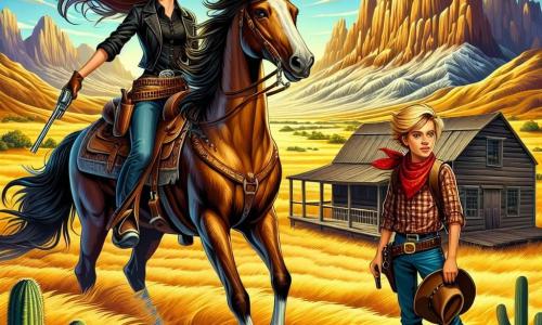 Illustration einer lebhaften Szene aus dem Wilden Westen, mit einer weiten Landschaft aus goldenen Prärien unter einem strahlend blauen Himmel, der mit einigen weißen Wolken gesprenkelt ist. Im Zentrum des Bildes steht eine junge Frau mit langen braunen Haaren, die im Wind wehen, sie trägt einen Cowgirl-Hut und eine Lederweste. Sie sitzt auf einem wunderschönen braunen Pferd mit glänzendem Fell und blickt entschlossen in die Ferne, während sie die Zügel festhält. An ihrer Seite steht ein etwa zehnjähriger Junge mit blonden Haaren und funkelnden Augen auf einem Felsen, er betrachtet die Landschaft mit einer Ausdruck von Aufregung und Neugier. Er trägt ein kariertes Hemd und ein rotes Bandana um den Hals, was seinen abenteuerlichen Geist symbolisiert. Die Hauptsituation zeigt die junge Frau und den Jungen auf der Suche nach einem versteckten Schatz, mit majestätischen Bergen im Hintergrund und einem alten, halbverfallenen Holzgebäude, das auf einen zu lösenden Geheimnis hinweist. Zusätzliche grafische Elemente umfassen verstreute Kakteen, Vögel, die am Himmel fliegen, und eine alte Karte, die der Junge hält, was der fesselnden Illustration einen Hauch von Abenteuer verleiht.
