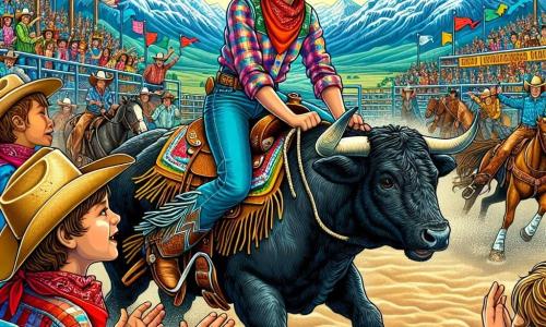 An illustration depicting a vibrant rodeo scene in a dusty arena, surrounded by majestic mountains under a bright blue sky. In the center, a brave young woman with brown hair in a braid wears a cowgirl hat and a colorful plaid shirt. She is riding a large black bull, her legs tight and her face determined, ready to take on the challenge of bull riding. Nearby, a young boy of about ten, with an enthusiastic smile and a red bandana around his neck, encourages her with hand gestures, his eyes shining with admiration. The crowd around them is lively, with families and friends applauding, creating an atmosphere of joy and excitement. Colorful banners flutter in the wind, and horses are visible in the background, adding to the festive ambiance of the rodeo.