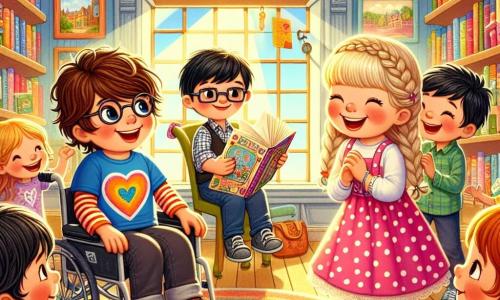 Illustrazione che rappresenta una scena vivace in una libreria incantevole. Le pareti sono coperte di libri colorati e tappeti morbidi sono disposti sul pavimento. Grandi finestre lasciano entrare la luce del sole, illuminando lo spazio con dolci raggi dorati. Al centro, un ragazzo di sette anni, sorridente e curioso, è su una sedia a rotelle. Ha i capelli castani disordinati e indossa una maglietta blu con un motivo a cuore. Accanto a lui, una ragazza della sua età, con lunghi capelli biondi intrecciati, indossa un vestito rosa a pois. Guarda con entusiasmo un grande libro aperto. Un altro ragazzo, un po' più grande, con capelli neri e occhiali, si avvicina timidamente a una ragazza dai capelli castani, che ha un sorriso radioso e occhiali da sole sulla testa. Tiene una lettera colorata in mano, mentre lei lo guarda con sorpresa e gioia. La situazione principale mostra il momento in cui il ragazzo consegna la lettera d'amore alla ragazza, circondati da amici che li incoraggiano con sorrisi e gesti entusiasti. Cuori di carta fluttuano attorno a loro, aggiungendo un tocco magico a questa scena di San Valentino.