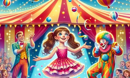Ilustracja przedstawiająca kolorowy i tętniący życiem cyrk, z dużymi namiotami w paski czerwonymi i żółtymi, migoczącymi światłami i balonami unoszącymi się na niebieskim niebie. Na środku sceny dziewczynka w wieku 9 lat, z długimi brązowymi włosami związanymi w dwa kucyki, ma na sobie ładną różową sukienkę w białe kropki. Jongluje trzema kolorowymi piłkami, a jej twarz promienieje radością i koncentracją. Obok niej wesoły klaun, mający około 30 lat, z jaskrawoczerwonym nosem i rozczochranymi włosami, robi miny i tańczy, aby zabawić publiczność. W tle mężczyzna w wieku około 35 lat, ubrany w kolorowy kostium żonglera, klaska i zachęca dziewczynkę szerokim uśmiechem. Główna scena pokazuje dziewczynkę, pełną energii i determinacji, jonglującą piłkami pod podziwiającymi spojrzeniami widzów, podczas gdy klaun dodaje humoru do festynowej atmosfery. W powietrzu unoszą się konfetti, a dzieci śmieją się i klaskają, tworząc magiczną i radosną atmosferę w sercu cyrku.
