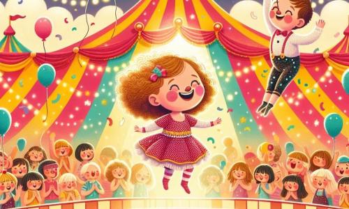Ilustracja przedstawiająca duży namiot cyrkowy w jaskrawych kolorach, czerwonym i żółtym, z migającymi światłami i kolorowymi balonami unoszącymi się w powietrzu. W centrum mała dziewczynka w wieku około roku, z kręconymi włosami i różowymi policzkami, w sukience w kropki i z wielkim uśmiechem, skacze radośnie na trampolinie, z uniesionymi rękami w stronę nieba. Obok niej młody akrobata, mający około 10 lat, w błyszczącym kostiumie i kasztanowych włosach, wykonuje akrobację w powietrzu, pokazując szeroki uśmiech. Scena emanuje atmosferą radości i zdumienia, z widzami w tle, którzy klaskają i się śmieją, a kolorowe konfetti spadające z nieba dodaje całości festiwalowego charakteru.
