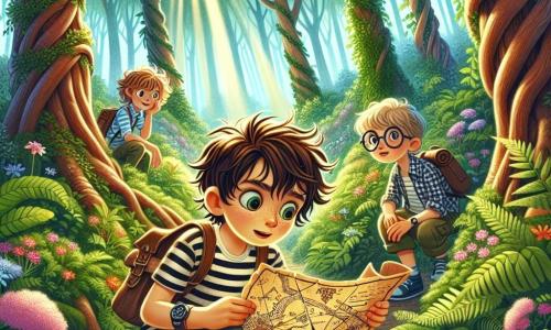 Illustration einer magischen Szene in einem dichten, bezaubernden Wald, wo große Bäume mit knorrigen Stämmen in den Himmel ragen und ihre Blätter ein grünes Dach bilden. Sonnenstrahlen durchdringen das Laub und erhellen einen kleinen Weg, gesäumt von bunten Blumen und Farnen. Im Mittelpunkt des Bildes hockt ein 9-jähriger Junge mit zerzausten braunen Haaren und neugierigen Augen auf dem Boden. Er trägt ein gestreiftes T-Shirt und eine Jeansshorts, mit einem kleinen Rucksack über der Schulter. In seinen Händen hält er eine alte Schatzkarte, sein Gesichtsausdruck ist konzentriert und erstaunt, während er die Details aufmerksam betrachtet. Neben ihm schaut ein etwas älterer Junge (ca. 10 Jahre) mit blonden Haaren und runden Brillen über seine Schulter. Er trägt ein kariertes Hemd und Cargo-Hosen, und sein Gesichtsausdruck zeigt die Begeisterung eines abenteuerlustigen Entdeckers, bereit, das Geheimnis der Karte zu lüften. Die Hauptsituation zeigt die beiden Freunde, die in die Erkundung vertieft sind, umgeben von Geheimnissen und Aufregung, während sie vor einer alten Holzlaube stehen, die mit Moos und Efeu bedeckt ist und anscheinend vergessene Schätze birgt. Bunte Vögel fliegen über ihnen, und ein Lichtstrahl beleuchtet die Laube und verleiht der gesamten Szene einen Hauch von Magie.
