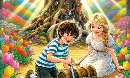 Illustration eines bunten Frühlingsgartens, gefüllt mit leuchtenden Tulpen, strahlenden Blumen und einem großen, knorrigen Baum in der Mitte. Zwei Kinder, ein zwölfjähriger Junge mit zerzausten braunen Haaren und einem schelmischen Lächeln, der ein gestreiftes T-Shirt und Shorts trägt, hockt und gräbt mit einer kleinen Schaufel in der Erde. Neben ihm steht ein zwölfjähriges Mädchen mit langen, geflochtenen blonden Haaren, gekleidet in einem leichten Blumenkleid, und beobachtet mit leuchtenden Augen voller Aufregung. Sie entdecken eine alte Holztruhe, die teilweise im Boden vergraben ist, umgeben von Sonnenstrahlen, die durch die Äste des Baumes fallen. Bunte Ostereier sind um sie herum verstreut und verleihen der Szene eine festliche Note. Die Atmosphäre ist fröhlich und voller Geheimnisse und fängt den Geist des Osterabenteuers ein.