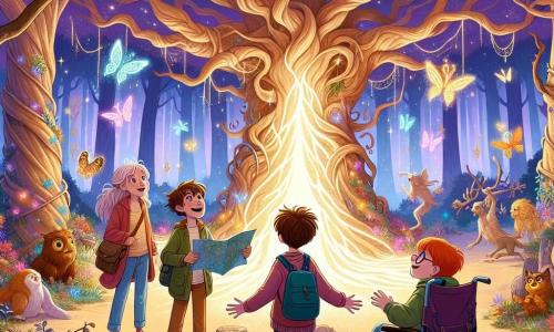 Eine Illustration zeigt eine verzauberte Lichtung im Herzen eines magischen Waldes, wo große Bäume mit knorrigen Stämmen in einen Himmel in Lilatönen und Gold emporragen. Im Zentrum steht ein riesiger alter Baum, dessen Äste mit leuchtenden Blumen beladen sind und sanftes Licht ausstrahlen. Ein etwa 10-jähriger Junge mit zerzausten braunen Haaren und einem schelmischen Lächeln hält eine Karte in den Händen, seine Augen strahlen vor Aufregung. An seiner Seite steht ein 9-jähriges Mädchen mit leuchtend roten Haaren, das entschlossen aussieht und bereit ist, das Abenteuer zu führen. Ein weiterer Junge, etwa 11 Jahre alt, mit runden Brillen und einem verträumten Ausdruck, schaut neugierig umher, während ein 10-jähriges Mädchen im Rollstuhl die Szene aufmerksam mit einem ermutigenden Lächeln beobachtet. Die Hauptsituation zeigt die vier Freunde, die ein leuchtendes Portal entdecken, das vom Baum ausgeht und ihren Eintritt in eine magische Welt symbolisiert. Fantastische Kreaturen, wie bunte Vögel und glitzernde Schmetterlinge, fliegen um sie herum und verleihen der Atmosphäre einen Hauch von Magie. Der Boden ist mit leuchtenden Blumen und glänzenden Steinen bedeckt, während ein leichter goldener Nebel in der Luft schwebt und eine märchenhafte Stimmung schafft.