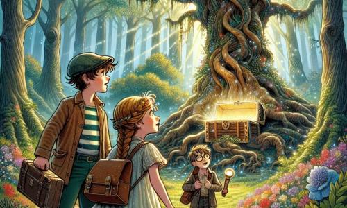 Illustratie die een magische scène in een betoverd bos weergeeft, waar grote bomen met knoestige stammen naar de lucht rijzen, hun bladeren schitterend in duizend kleuren onder een zachte zon. In het midden een open plek badend in licht, met kleurrijke bloemen en een majestueuze oude eik, waarvan de wortels als slangen in elkaar verstrengeld zijn. Drie jonge avonturiers staan daar: een jongen van twaalf jaar met rommelig bruin haar en nieuwsgierige ogen, die een oude pet en een gestreept T-shirt draagt. Naast hem een meisje van twaalf jaar met gevlochten blond haar en een vastberaden glimlach, gekleed in een lichte jurk en rubberen laarzen. Tot slot een andere jongen van elf jaar met ronde bril en kastanjebruin haar, gekleed in een vest vol gadgets en met een zaklamp in de hand. Ze kijken verwonderd naar een oude kist versierd met mysterieuze symbolen, die net is opengegaan en een oude kaart en een glanzende steen onthult. De sfeer is gevuld met opwinding en mysterie, met flonkerende magische lichtjes die om hen heen zweven, terwijl fantastische wezens zoals feeën en nieuwsgierige dieren van een afstand toekijken, wat een vleugje betovering aan de scène toevoegt.