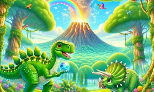 Illustratie van een magische scène in een groot, groen prehistorisch bos, waar majestueuze bomen met dikke stammen naar de lucht reiken, omringd door kleurrijke bloemen en weelderige varens. In het midden van de afbeelding staat een stegosaurus met grote groene schubben en een staart versierd met punten, nieuwsgierig met een ronde, blauwe steen in zijn mond die een zachte gloed uitstraalt. Naast hem kijkt een kleine triceratops, met een beige huid en delicate hoorns, met grote ogen naar de steen en toont een verwonderde glimlach. De scène is gevuld met vreugde en verwondering, terwijl een glinsterende regenboog zich vormt boven een vulkaan die lichtjes rookt op de achtergrond, wat een vleugje magie toevoegt aan dit prehistorische avontuur. Kleurrijke vogels vliegen in de blauwe lucht, zingend vrolijke melodieën, terwijl zonnestralen door het loof breken en de scène in een gouden licht verlichten.