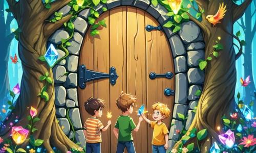 Illustratie van een uitgestrekt en kleurrijk magisch koninkrijk, met bomen met gedraaide stammen en glinsterende bladeren als edelstenen. In het midden staat een grote houten poort versierd met motieven van draken en dansende bloemen, omringd door fantastische wezens zoals vogels met kleurrijke veren en bloemen die lijken te glimlachen. Drie jongens van ongeveer twaalf jaar staan voor de poort. De eerste, met rommelig bruin haar en ronde bril, draagt een gestreept t-shirt en een korte broek. Hij ziet er vastberaden uit, met een klein toverboek in zijn hand. De tweede, met blond krullend haar, is gekleed in een groene tuniek en glimlacht breed, met een glinsterende houten staf. De derde, met zwart haar en sprankelende ogen, draagt een blauwe cape en lijkt klaar om een spreuk uit te spreken, met opgetrokken armen. De hoofdscène toont de jongens die zich voorbereiden om het koninkrijk binnen te gaan, met een uitdrukking van opwinding en bezorgdheid op hun gezichten. Magische vonken zweven om hen heen, en nieuwsgierige dieren kijken naar hen, wat een vleugje humor aan de scène toevoegt. Op de achtergrond drijven wolken in de vorm van fantastische wezens in een stralend blauwe lucht, wat een vrolijke en speelse sfeer creëert.