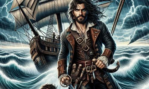 Illustratie van een boeiende scène op een piratenschip op open zee. Het schip, de "Zwarte Zee", is majestueus, met zwarte zeilen die door de wind zijn opgeblazen, varend door woelige golven onder een onstuimige lucht, waar bliksem de horizon verlicht. In het midden van de afbeelding staat een moedig vrouw stevig op het dek, met lange golvende haren, nat van het zout water, en een vastberaden uitdrukking op haar gezicht. Ze draagt een leren piratenjas, een riem versierd met pistolen en een glanzend zwaard in haar hand, klaar om de storm te trotseren. Naast haar staat een robuuste man van ongeveer 30 jaar, met een volle baard en gespierde armen, die aan een touw trekt om de zeilen aan te passen, zijn gezicht getekend door concentratie. Verderop kijkt een jongen van ongeveer 12 jaar, met krullend haar, met grote ogen naar de golven, terwijl hij een schatkaart in zijn handen houdt, wat hoop en avontuur symboliseert. De belangrijkste situatie toont de piratenvrouw die haar bemanning door de storm leidt, vastbesloten om de uitdagingen van de zee te overwinnen. Water spettert om hen heen terwijl meeuwen boven hen vliegen, wat een levendige touch toevoegt aan deze spannende scène.