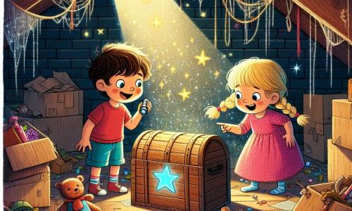Illustratie van een oude, stoffige zolder, vol met kartonnen dozen, vergeten speelgoed en glinsterende spinnenwebben in het zachte licht van een zaklamp. In het midden staan twee jonge avonturiers: een jongen van twee jaar met rommelig bruin haar, gekleed in een rode t-shirt en blauwe korte broek, die verwonderd kijkt naar een grote houten kist versierd met een blauwe ster. Naast hem staat een klein meisje van twee jaar met blonde vlechten, gekleed in een roze jurk met stippen, die met een opgewonden glimlach naar de kist wijst. Ze zijn omringd door de mysterieuze sfeer van de zolder, met dansende schaduwen en flitsen van licht die hun ontdekking accentueren. Gouden sterren en gekleurde kristallen ontsnappen lichtjes uit de open kist, wat een magisch tintje aan de scène toevoegt.
