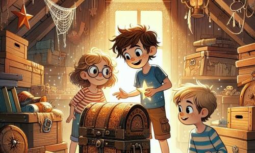 Illustratie van een magische scène op de zolder van een houten huis, vol oude stoffige dozen, met glinsterende spinnenwebben in het gouden zonlicht dat door een klein dakraam komt. In het midden staan drie jonge avonturiers: een zevenjarig jongetje met messy kastanjebruin haar, gekleed in een blauwe t-shirt en korte broek, die een schatkaart vasthoudt met sterren in zijn ogen; een andere jongen van dezelfde leeftijd met blond haar en ronde brillen, die nieuwsgierig naar de kaart kijkt, gekleed in een gestreept t-shirt en cargo broek; en tenslotte een zevenjarig meisje met lange gevlochten bruine haren, gekleed in een kleurrijke jurk, dat glimlacht terwijl ze een oude glazen fles vasthoudt. Ze ontdekken allemaal een grote houten kist versierd met mysterieuze patronen, omringd door oude voorwerpen zoals een verroeste kompas en vergeten speelgoed. De sfeer is vol opwinding en mysterie, met lichtflitsen en schaduwen die om hen heen dansen, wat een wereld van avontuur en ontdekking oproept.