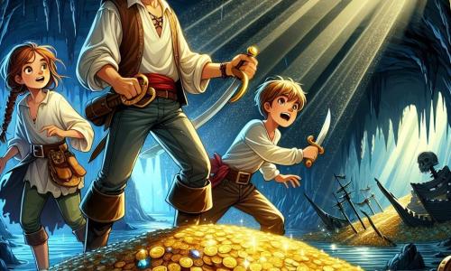 Illustratie van een boeiende scène in een mysterieuze grot, waar lichtstralen door scheuren in het plafond filteren en hopen gouden munten en fonkelende juwelen op de grond verlichten. In het midden staat een man met een baard en sprankelende ogen van opwinding, gekleed in een ruime witte blouse en een leren vest, die vastberaden een zwaard omhooghoudt, klaar om zijn schat te verdedigen. Naast hem staat een jong meisje van ongeveer 12 jaar, met een vlecht van bruin haar en piratenkleding, dat met verwondering naar de rijkdommen om hen heen kijkt, terwijl ze een schatkaart in haar handen houdt. Een jonge jongen van ongeveer 10 jaar, met wild blond haar en een ondeugende glimlach, buigt zich om een gouden munt op te rapen, met glinsterende ogen van avontuur. Op de achtergrond dansen zorgwekkende schaduwen op de wanden van de grot, wat de aanwezigheid van een dreigende piratengeest suggereert. Grafische elementen zoals schedels, scheepswrakken en vergeten schatten voegen een sfeer van avontuur en mysterie toe aan de scène.