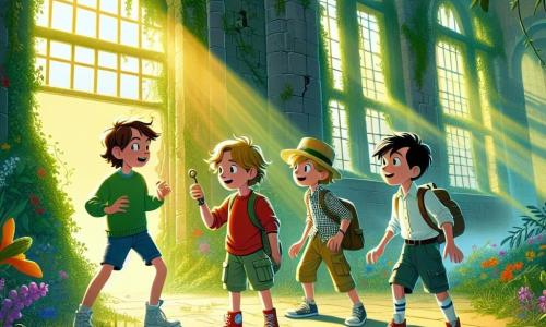 Illustratie van een magische scène in een oude schoolruïne, waar de muren bedekt zijn met groene klimop en kleurrijke bloemen, en grote gebroken ramen gouden stralen licht binnenlaten. In het midden van de afbeelding staan vier jonge avonturiers samen: een tienjarig jongen met rommelig bruin haar, in een rode t-shirt en blauwe shorts, die verwonderd kijkt naar een oude sleutel die hij in zijn hand houdt; een tienjarig jongen met blond haar, gekleed in een geruit overhemd en cargobroek, die met zijn vinger naar een mysterieuze deur achterin de kamer wijst; een tienjarig jongen met een bril en kastanjebruin haar, gekleed in een groene trui, die een zaklamp vasthoudt en de scène verlicht; en tenslotte een tienjarig jongen met zwart haar en een ondeugende glimlach, die een strohoed draagt en lijkt klaar om vastberaden een stap naar voren te zetten. Op de achtergrond dansen mysterieuze schaduwen op de muren, terwijl een lichte mist de grond omhult, wat een vleugje avontuur en mysterie aan deze boeiende scène toevoegt.