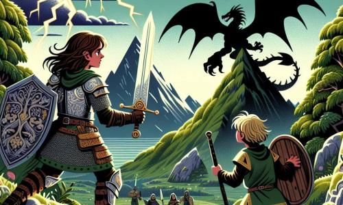 Illustratie van een epische scène in een oude storm van groene bergen, waar donkere wolken zich verzamelen boven een majestueuze storm. In het midden staat een ridderes, een vrouw van ongeveer dertig jaar, trots gekleed in glanzende harnassen versierd met bloemmotieven. Haar lange, bruine haar wappert in de wind, en haar gezicht straalt zowel vastberadenheid als wijsheid uit. Ze heft een schitterend zwaard, klaar om het waardevolle artefact dat ze net heeft ontdekt te verdedigen. Naast haar staat een jonge man van ongeveer 20 jaar, met rommelig blond haar en een bewonderende blik, die de scène observeert. Hij draagt een eenvoudige tuniek en leren broek, met een oud houten schild in de hand, klaar om de ridderes in haar strijd te steunen. De belangrijkste situatie toont de ridderes tegenover een dreigende schaduw die uit de diepten van het bos opduikt, een drakenachtige schaduw met donkere schubben, klaar om de schat te verdedigen. Bliksem verlicht de lucht, wat een dramatische sfeer aan deze confrontatie toevoegt. Gekleurde wilde bloemen en oude stenen bedekken de grond, terwijl geschrokken vogels de lucht in stijgen.