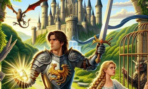 Eine Illustration zeigt ein majestätisches mittelalterliches Schloss, das über ein grünes Tal thront, mit schlanken Türmen und wehenden Fahnen. Im Vordergrund steht ein mutiger Ritter, ein etwa 25-jähriger junger Mann, der eine glänzende Rüstung mit Drachenmotiven trägt. Er hat schulterlange braune Haare und einen entschlossenen Blick, während er sein Schwert mit Zuversicht schwingt, bereit, den bevorstehenden Gefahren zu begegnen. An seiner Seite steht eine etwa 20-jährige Prinzessin in einem eleganten pastellfarbenen Kleid mit langen geflochtenen blonden Haaren, die hoffnungsvoll zusieht. Sie ist in einem goldenen Käfig gefangen, doch ihr Blick strahlt Mut und Dankbarkeit gegenüber dem Ritter aus. Die Szene fängt den entscheidenden Moment ein, in dem der Ritter sich darauf vorbereitet, gegen eine Gruppe dunkler Kreaturen zu kämpfen, die aus den Schatten auftauchen und drohen, sie zu trennen. Blitze des Lichts strahlen von dem magischen Amulett, das der Ritter in der Hand hält, und erhellen die umgebende Dunkelheit. Laubbaumrahmen verleihen der Szene einen Hauch von Geheimnis in diesem epischen Abenteuer.