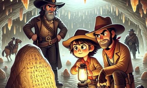 Illustration einer Szene in einer großen Höhlenkammer mit funkelnden Wänden, die mit glänzenden Kristallen bedeckt sind, und einem großen Felsen in der Mitte, wo das sanfte Licht einer Lampe geheimnisvolle Symbole beleuchtet. Ein junger, mutiger Mann mit einem abgetragenen Cowboyhut, zerzausten braunen Haaren und funkelnden Augen steht vor dem Felsen, die Hände auf den Hüften, mit einem entschlossenen Ausdruck. Neben ihm ein älterer Mann mit grauem Bart und einem wohlwollenden Lächeln, der einen alten Ledermantel trägt und aufmerksam die Symbole beobachtet, während er eine Öllampe hält, die den Weg beleuchtet. Im Hintergrund stehen zwei Banditen, einer mit einem listigen Blick und einem roten Bandana im Gesicht, der andere größer, mit schwarzen Haaren und einer Narbe auf der Wange, zurückhaltend und neugierig auf die Entdeckung. Die Hauptsituation zeigt die Gruppe, die dabei ist, die Symbole auf dem Felsen zu entschlüsseln, ein Moment der Anspannung und Neugier, während sie erkennen, dass sie kurz davor sind, einen verborgenen Schatz zu entdecken. Lichtstrahlen von den Kristallen verleihen der Szene eine magische Atmosphäre, während ein leichter Nebel in der Luft schwebt und das Geheimnis der Höhle verstärkt.