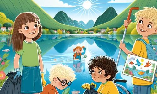 Eine Illustration zeigt einen wunderschönen See, umgeben von grünen Bergen unter einem strahlend blauen Himmel. Der kristallblaue See spiegelt die Sonne wider und ist gesäumt von bunten Blumen und Laubbäumen. Im Vordergrund sind vier Kinder versammelt: Ein 10-jähriges Mädchen mit langen braunen Haaren, das ein gelbes T-Shirt und eine Jeansshorts trägt und lächelt, während es einen Müllsack hält. Neben ihr steht ein 11-jähriger Junge mit zerzausten blonden Haaren, der ein grünes T-Shirt und Shorts trägt und die Arme siegreich in die Luft hebt. Ein weiterer 9-jähriger Junge mit Brille und braunen Haaren hockt und sammelt mit Handschuhen Müll auf. Schließlich sitzt ein 12-jähriges Mädchen im Rollstuhl, hat lockige Haare und trägt ein buntes Kleid, während sie ein Plakat mit einer Zeichnung eines Fisches hält, das andere ermutigt, den See zu schützen. Die Szene zeigt die Kinder beim Reinigen des Sees, umgeben von Müllsäcken, mit Lächeln auf ihren Gesichtern, was Hoffnung und Einheit symbolisiert, um ihre Umwelt zu retten. Vögel fliegen am Himmel, und einige Fische tauchen an die Wasseroberfläche, was dieser fröhlichen und ansprechenden Illustration Leben verleiht.