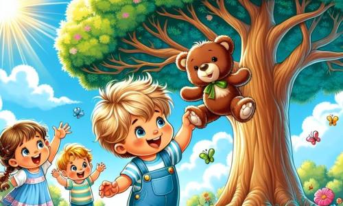 An illustration depicts a majestic large tree in a sunny park, with shiny green leaves and a blue sky dotted with fluffy white clouds. At the foot of the tree, a 1-year-old boy with messy blond hair and round cheeks is wearing blue overalls and a striped t-shirt. He is reaching out towards a branch, with a big smile on his face, searching for his teddy bear. Next to him are two friends: a 2-year-old girl with braided brown hair in a pink dress, encouraging him with a big smile, and a 2-year-old boy wearing a blue cap, excitedly pointing at the branch. The teddy bear, a brown teddy with a big smile, is sitting on the branch, looking happy to be found. Colorful flowers and butterflies dance around them, adding a magical touch to this scene of adventure and friendship.