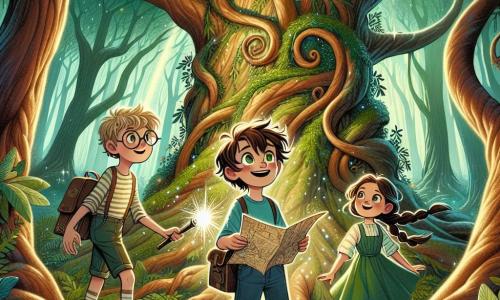 Illustration einer magischen Szene in einem verwunschenen Wald, wo große, knorrige Bäume gen Himmel wachsen, deren Blätter im Sonnenlicht in vielen Farben schimmern. Im Zentrum dieser Szene steht ein 11-jähriger Junge mit zerzausten braunen Haaren und neugierigen Augen, der eine alte Karte in den Händen hält. Er trägt ein blaues T-Shirt und eine Jeansshorts, und sein Gesicht drückt spürbare Aufregung aus, während er seine Umgebung nach Hinweisen für sein Abenteuer absucht. An seiner Seite begleiten ihn zwei Freunde: ein 10-jähriges Mädchen mit langen, geflochtenen braunen Haaren, das ein grünes Kleid trägt, das sich harmonisch in die Natur einfügt, und ein 11-jähriger Junge mit runden Brillen und einem gestreiften T-Shirt, der eine Taschenlampe hält, bereit, die Geheimnisse des Ortes zu erhellen. Die Hauptsituation zeigt das Trio, das einen majestätischen alten Baum erkundet, dessen Wurzeln sich wie Schlangen verflechten. Sie entdecken eine kleine geheime Tür an der Basis des Baumes, die sie einlädt, in eine magische Welt einzutreten. Lichtblitze und kleine feenhafte Kreaturen schweben um sie herum und verleihen dieser Abenteuerszene einen Hauch von Geheimnis und Staunen.