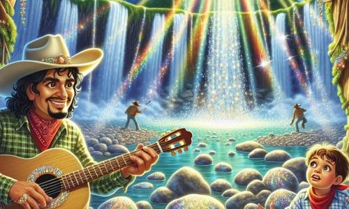 Illustration einer magischen Szene nahe einem wunderschönen glitzernden Wasserfall, wo das Wasser unter der Sonne funkelt und einen lebhaften Regenbogen bildet. Im Hintergrund umgeben majestätische grüne Bäume den Ort, und glänzende Steine sind rund um den Wasserfall verstreut. Im Vordergrund steht ein mutiger Mann mit einem breiten Cowboyhut, der ihm teilweise das Gesicht verdeckt. Er trägt eine braune Lederjacke und staubige Stiefel. Er lächelt, seine Augen funkeln vor Aufregung, während er eine Gitarre in den Händen hält, bereit, eine fröhliche Melodie zu spielen. Neben ihm beobachtet ein etwa zehnjähriger Junge mit zerzausten blonden Haaren und einem roten Bandana um den Hals fasziniert das Geschehen. Er trägt ein kariertes Hemd und Jeans und scheint ungeduldig darauf zu warten, dieses Abenteuer mit seinem Freund zu teilen. Die Hauptsituation zeigt den Mann und den Jungen, die eine kleine Höhle hinter dem Wasserfall entdecken, wo funkelnde Steine ihre Aufmerksamkeit erregen. Lichtblitze tanzen um sie herum und schaffen eine Atmosphäre von Geheimnis und Abenteuer. Bunte Vögel fliegen über ihren Köpfen und verleihen dieser verzauberten Szene Leben.