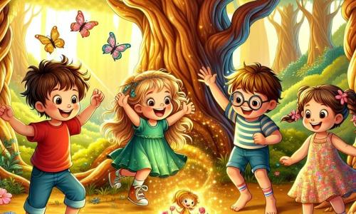 Eine Illustration zeigt eine verzauberte Lichtung, umgeben von großen, knorrigen Bäumen und bunten Blumen, die in der Sonne funkeln. Im Mittelpunkt stehen vier Kinder: ein zehnjähriger Junge mit zerzausten braunen Haaren, der ein rotes T-Shirt und blaue Shorts trägt und mit einem breiten Lächeln ein imaginäres Lenkrad hält. Neben ihm ein neunjähriges Mädchen mit langen, geflochtenen blonden Haaren in einem grünen Kleid, das begeistert die Arme in die Luft hebt. Ein weiterer achtjähriger Junge mit Brille und braunen Haaren trägt ein gestreiftes T-Shirt und lacht fröhlich, während ein siebenjähriges Mädchen mit Zöpfen und einem Blumenkleid sich hinkniet, um ein kleines, magisches Wesen zu bewundern, das neben einem Baum funkelt. Die Szene strahlt Abenteuerlust und Kameradschaft aus, mit bunten Schmetterlingen, die um sie herumfliegen, und einem sanften Bach, der in der Nähe murmelt und die Magie dieses Moments verstärkt.