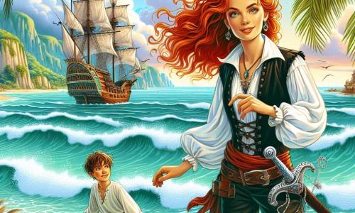 Illustration einer fesselnden Szene am Strand einer geheimnisvollen Insel, wo Palmen sanft unter der Meeresbrise wiegen und türkisfarbene Wellen auf den goldenen Sand schlagen. Im Mittelpunkt des Bildes steht eine stolz blickende Frau mit leuchtend roten Haaren, die im Wind wehen. Sie trägt ein weites weißes Hemd, eine Lederweste und Piratenhosen, mit einem funkelnden Schwert an ihrem Gürtel. An ihrer Seite beobachtet ein etwa zehnjähriger Junge mit braunen Haaren und funkelnden Augen das Meer staunend, während er eine alte Schatzkarte in den Händen hält. Im Hintergrund liegt ein großes Piratenschiff, die "Smaragdkrone", vor Anker, mit von Wind gefüllten smaragdgrünen Segeln, während Möwen darüber fliegen. Die Frau zeigt auf den Horizont, wo sich eine Bergsilhouette abzeichnet, ein Symbol für das bevorstehende Abenteuer, während Schatztruhen, gefüllt mit Goldmünzen und funkelndem Schmuck, über den Sand verstreut liegen und das Versprechen eines großen Schatzes wecken.