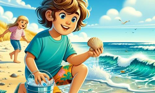 Illustration einer sonnigen Strandlandschaft mit goldenen Sanddünen und türkisfarbenen Wellen, die sanft ans Ufer schlagen. Im Vordergrund hockt ein 11-jähriges Mädchen mit welligem braunem Haar, das ein blaues T-Shirt und eine bunte Shorts trägt. Sie untersucht fasziniert eine Muschel im Sand, ihr Gesicht strahlt vor neugierigem Lächeln. Neben ihr steht ein 11-jähriger Junge mit kurzen blonden Haaren, der ein grünes T-Shirt trägt und einen Eimer voller Plastikmüll hält, den er am Strand gesammelt hat, mit einem entschlossenen Ausdruck. Im Hintergrund spielen Kinder in den Wellen und Möwen gleiten am blauen Himmel. Die Szene verdeutlicht die Bedeutung des Umweltschutzes und das Bewusstsein für den Klimawandel, mit grafischen Elementen wie Plastikmüll im Sand und Informationsschildern zum Naturschutz.