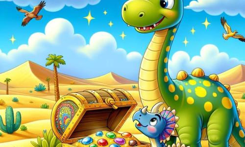 Illustratie van een uitgestrekt woestijnlandschap onder een stralende blauwe lucht, met enkele donzige witte wolken. In het midden leunt een grote diplodocus met een lange nek en een groene huid met gele vlekken nieuwsgierig over een oude houten schatkist versierd met kleurrijke patronen, gevuld met schitterende edelstenen. Naast hem kijkt een kleine triceratops met scherpe hoorns en een bruine huid, met sprankelende ogen van opwinding, glimlachend naar de ontdekking. Beide dinosaurussen zijn omringd door gouden zandduinen en enkele groene planten, terwijl kleurrijke vogels vrolijk door de lucht vliegen. De sfeer is vrolijk en vriendelijk, wat de verwondering en vriendschap tussen de twee personages illustreert.