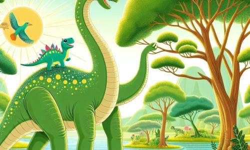 Illustratie die een zonnige scène op een groen eiland weergeeft, waar grote bomen met dikke stammen naar de lucht reiken, hun glanzende bladeren dansend in de wind. In het midden van de afbeelding staat een enorme diplodocus majestueus, met een lange nek en een massale staart, zijn schubben in een zachte groene kleur met gele vlekken die schitteren onder de zonnestralen. Hij buigt zich om sappige bladeren van een hoge tak te bereiken, met een vriendelijke glimlach op zijn gezicht. Naast hem klimt een kleine stegosaurus met kleurrijke platen, met een lichtblauwe huid en sprankelende ogen van vreugde, op de rug van de diplodocus, lachend en stevig vasthoudend. Op de achtergrond kronkelt een glinsterende rivier door het landschap, en stralende bloemen in alle kleuren voegen een vleugje magie toe aan deze vrolijke scène. Kleurrijke vogels vliegen in de lucht, terwijl vlinders om de bloemen dansen, wat een sfeer van geluk en vriendschap tussen de dinosaurussen creëert.