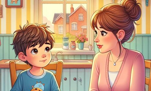 Ilustracja przedstawiająca scenę w ciepłej i kolorowej kuchni, z pastelowo żółtymi ścianami i oknami wpuszczającymi światło słoneczne. Na stole leży taca z pysznymi ciasteczkami i duża filiżanka mleka, tworząc przytulną atmosferę. Na środku obrazu siedzi 7-letni chłopiec z rozczochranymi brązowymi włosami, ubrany w niebieską koszulkę z małym dinozaurem, na krześle. Jego twarz wyraża lekką smutek, ale także nadzieję. Patrzy na swoją matkę ciekawymi oczami, trzymając w ręku ciastko, gotowy jej słuchać. Obok niego stoi kobieta w wieku około trzydziestu lat, z brązowymi włosami związanymi w kok i w miękkim różowym swetrze, lekko pochylona do przodu. Jej wyraz twarzy jest łagodny i pełen zrozumienia, co pokazuje, że stara się pocieszyć syna, jednocześnie wyjaśniając mu sytuację. Scena uchwyca delikatny moment, w którym chłopiec uważnie słucha matki, symbolizując ważną rozmowę o rozstaniu. W tle widać dziecięce rysunki przyczepione do ściany, przedstawiające szczęśliwe wspomnienia, co dodaje emocji ilustracji. Promienie słońca filtrują przez okno, oświetlając pokój i tworząc przytulną atmosferę mimo powagi rozmowy.