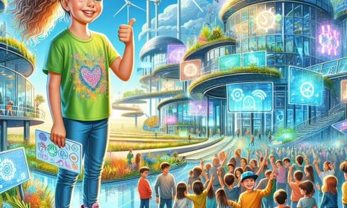 Ilustracja przedstawiająca futurystyczne centrum ekologiczne, z budynkami ze szkła i błyszczącego metalu, pokrytymi zielonymi roślinami i lśniącymi panelami słonecznymi pod jasnoniebieskim niebem. Na pierwszym planie dziewczynka w wieku 9 lat, z długimi kręconymi włosami związanymi w wysoki kucyk, nosi kolorowy t-shirt i dżinsy. Stoi z oczami błyszczącymi z ekscytacji, trzymając mały plakat z rysunkami symboli energii odnawialnej. Obok niej chłopiec w wieku 10 lat, z krótkimi włosami i czapką, stoi na hoverboardzie, uśmiechając się i pokazując kciuk w górę w geście aprobaty. W tle unoszą się hologramy ilustrujące źródła energii, takie jak turbiny wiatrowe i panele słoneczne, podczas gdy grupa dzieci i dorosłych gromadzi się wokół nich, zafascynowana prezentacją na temat znaczenia energii odnawialnej. Atmosfera jest radosna i dynamiczna, z żywymi kolorami i futurystycznymi elementami, które przywołują wizję zrównoważonej przyszłości.
