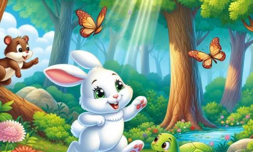 Ilustración que representa una escena mágica en un bosque encantado, donde grandes árboles de troncos gruesos se elevan hacia un cielo azul salpicado de nubes esponjosas. En el centro de la imagen, un pequeño conejo de grandes orejas y suave pelaje blanco, con ojos chispeantes de curiosidad, salta alegremente sobre una alfombra de flores coloridas, rodeado de mariposas multicolores que danzan a su alrededor. A su lado, un ardilla rápida con pelaje marrón y ojos vivos trepa ágilmente por una rama, mientras que una tortuga de caparazón verde y brillante, con una mirada sabia, avanza lentamente sobre el suelo cubierto de hojas. La escena irradia una atmósfera de camaradería y aventura, mientras el conejo parece indicar la dirección de la Montaña Misteriosa, donde se oculta una fuente de agua brillante. Rayos de sol filtran a través del follaje, iluminando el camino y añadiendo un toque de magia a esta búsqueda para salvar el bosque.