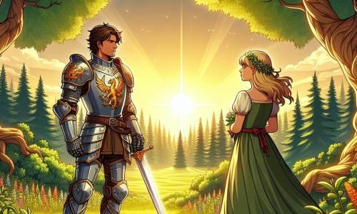 Ilustración que representa un claro verde en el corazón de un bosque encantado, bañado por la luz dorada del sol poniente. Los majestuosos árboles, con troncos gruesos y hojas de un verde brillante, forman un marco natural reconfortante, mientras una suave brisa hace danzar las flores silvestres que colorean el suelo. En el centro de esta escena, un valiente caballero, un hombre de unos treinta años, se mantiene firme. Lleva una armadura brillante, adornada con motivos de dragones, que refleja la luz del sol. Su rostro es decidido, con cabello castaño ligeramente ondulado y una barba bien recortada. Empuña una espada reluciente, listo para defender a una joven en apuros. A su lado, una joven de unos veinte años, con cabello dorado y ojos chispeantes de valentía, se encuentra con una expresión de gratitud y admiración. Lleva un vestido simple pero elegante, y su mirada está fija en el caballero, inspirada por su heroísmo. La situación principal muestra al caballero enfrentándose a un grupo de mercenarios amenazantes, que se encuentran en el fondo, armados y listos para atacar. La atmósfera es tensa, pero la luz dorada del sol aporta un toque de esperanza a esta escena dramática. Detalles como pájaros volando en el cielo y flores esparcidas en el suelo añaden un toque de vida a esta ilustración cautivadora.