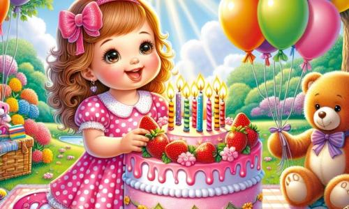 Ilustración que representa un parque soleado, lleno de flores coloridas y grandes árboles con hojas verdes. En el centro, una niña de 1 año con grandes ojos brillantes y cabello rizado, vestida con un vestido rosa con lunares blancos, sonríe alegremente mientras sostiene un gran pastel de fresas decorado con velas de colores. A su lado, una mamá de unos 30 años, con cabello largo y castaño, sonriente, sostiene globos multicolores que flotan en el aire. Un adorable oso de peluche, con ojos brillantes y pelaje marrón, está sentado sobre una manta a cuadros, observando la escena con una expresión alegre. La niña sopla las velas del pastel, rodeada de flores brillantes y globos flotantes, mientras los rayos de sol iluminan el momento mágico de su cumpleaños.