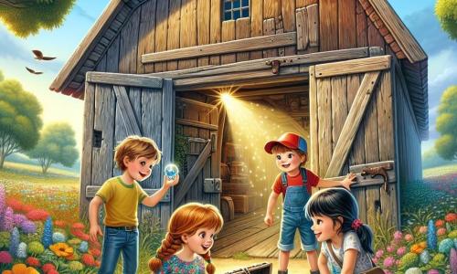Ilustración que representa un viejo granero de madera, con tablones desgastados y una puerta chirriante, rodeado de campos de flores silvestres coloridas bajo un cielo azul brillante. En el interior, cuatro jóvenes aventureros se encuentran en el centro: una niña de 10 años con trenzas castañas, que lleva una camiseta amarilla y un short de mezclilla, mirando con asombro una esfera brillante en sus manos; una niña de 9 años con cabello rubio, vestida con un vestido de flores, que sonríe y señala un viejo baúl de madera; una niña de 10 años con cabello negro, vestida con una camiseta azul y leggings, que se agacha para examinar objetos misteriosos en el suelo; y un niño de 9 años con cabello castaño, que lleva una gorra roja y una camiseta verde, sosteniendo una linterna que ilumina el interior del granero. La escena principal muestra a los niños descubriendo tesoros ocultos, llenos de emoción y curiosidad, con rayos de luz filtrándose a través de los tablones del granero, creando una atmósfera mágica y aventurera. Elementos adicionales incluyen herramientas oxidadas, telarañas y rayos de luz dorada iluminando la esfera brillante, simbolizando la magia y la aventura que les espera.