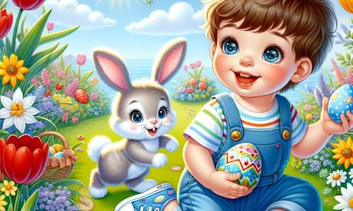 Ilustración que representa un jardín colorido y soleado, lleno de flores brillantes de colores vivos, como tulipanes rojos, narcisos amarillos y margaritas blancas. En el centro, un niño de 1 año, con cabello castaño y ojos brillantes, lleva un overol azul y una camiseta a rayas, y está agachado alegremente sobre la hierba verde, sosteniendo un huevo de Pascua azul en sus pequeñas manos. A su lado, un adorable conejito con grandes orejas, pelaje blanco y manchas marrones, sonríe y parece mostrarle un camino mágico hecho de pequeñas huellas de zanahorias. La escena irradia una atmósfera de alegría y asombro, con huevos de Pascua coloridos escondidos entre las flores y un cielo azul salpicado de nubes esponjosas.
