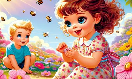 Ilustración que representa un jardín colorido en plena floración en primavera, con flores rosas, amarillas y violetas que bailan bajo una ligera brisa. En el centro, una niña de 1 año, con grandes ojos brillantes y cabello rizado, lleva un vestido ligero con estampados florales. Está agachada, tocando delicadamente una flor con una sonrisa maravillada en su rostro. A su lado, un niño de aproximadamente 5 años, con cabello rubio y una camiseta azul, observa las abejas que vuelan alrededor de las flores, con los brazos cruzados y una expresión curiosa. La escena está llena de luz, con un cielo azul claro y pájaros cantando en los árboles. Las abejas zumban alegremente, añadiendo un toque de vida a este cuadro primaveral.