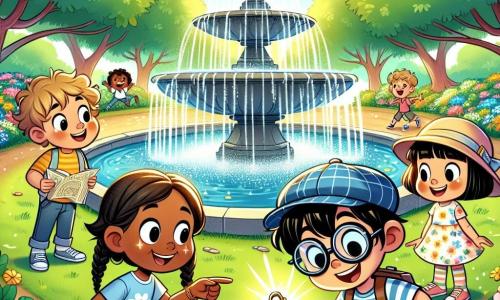 Ilustración que representa un parque soleado con árboles verdes y flores coloridas. En el centro, una gran fuente brillante de donde brota agua alegremente, rodeada de risas de niños jugando. Cuatro jóvenes detectives están alrededor de la fuente: un niño de siete años con cabello castaño despeinado, usando una gorra azul y una camiseta a rayas, que observa con curiosidad un medallón dorado en su mano. A su lado, una niña de siete años con largas trenzas rubias, vestida con un vestido de flores, que señala la fuente con una gran sonrisa. Otro niño de siete años, con gafas redondas y cabello negro, está agachado, examinando detenidamente el suelo, mientras que una niña de siete años con gafas de sol y cabello rizado, que lleva un short y una camiseta, sostiene un mapa en la mano, con una expresión decidida. La escena captura la emoción de la búsqueda de pistas, con destellos de luz en el agua de la fuente y mariposas revoloteando alrededor. Elementos gráficos adicionales incluyen un pequeño montículo de tierra al lado de la fuente, sugiriendo que acaban de desenterrar algo misterioso, y dibujos de estrellas y tesoros en el mapa que sostiene la niña.
