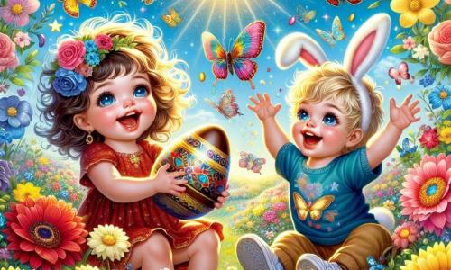 Ilustración que representa un jardín mágico en plena primavera, con flores coloridas de pétalos brillantes en rojo, amarillo y azul, y mariposas revoloteando alegremente alrededor. En el centro, una niña de 1 año, con grandes ojos brillantes y cabello rizado, sonríe sosteniendo un gran huevo de chocolate brillante en sus pequeñas manos. A su lado, un adorable niño de 3 años, con cabello rubio y orejas de conejo, salta de alegría, con los brazos levantados en el aire. La escena irradia una atmósfera de felicidad y asombro, con un cielo azul claro y un sol radiante iluminando todo. Detalles como mariposas de colores y pájaros cantores añaden magia a este momento de búsqueda de huevos de Pascua.