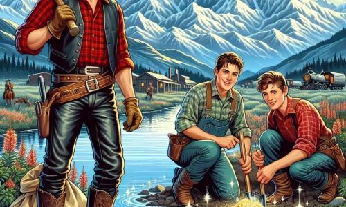 Ilustración que representa un majestuoso paisaje montañoso, con picos nevados que se elevan bajo un cielo azul brillante. En primer plano, un hombre de unos treinta años, con un amplio sombrero de vaquero, una camisa de cuadros rojos y pantalones de cuero, está cavando el suelo con una pala, su rostro marcado por la determinación y la emoción. A su lado, dos jóvenes de unos veinte años, uno con cabello castaño y ojos brillantes, y el otro con una barba incipiente y una sonrisa amigable, lo ayudan a buscar oro en un arroyo brillante. La escena irradia una atmósfera de aventura y camaradería, con destellos de luz dorada reflejándose en las piedras del arroyo, mientras aves vuelan alegremente en el cielo. Sacos de lona y herramientas de minero están esparcidos a su alrededor, añadiendo un toque de realismo a esta búsqueda del tesoro.