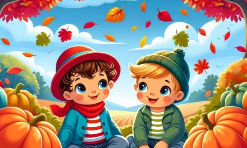 Ilustración que representa un encantador huerto en otoño, con árboles cuyas hojas brillan en colores rojo, naranja y amarillo. En el centro, dos niños de aproximadamente un año, uno con cabello rizado castaño, vistiendo una chaqueta azul y un gorro rojo, y el otro con cabello lacio rubio, vestido con una chaqueta verde y un gorro amarillo. Están sentados en el suelo, rodeados de grandes calabazas redondas y brillantes, con los ojos llenos de emoción. Uno de los niños extiende la mano para atrapar una hoja roja que cae suavemente, mientras que el otro mira una calabaza con asombro. Al fondo, se puede ver un majestuoso árbol, hojas volando con el viento y un cielo azul claro, añadiendo un toque de magia a esta escena otoñal.