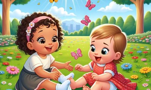 Ilustración que representa un parque soleado, lleno de flores coloridas con pétalos brillantes de rojo, amarillo y azul. En el centro, una niña de 1 año, con cabello rizado y ojos brillantes, está agachada en la hierba verde, sonriendo alegremente mientras sostiene un pequeño pañuelo en su mano. A su lado, otra niña, también de aproximadamente 1 año, con cabello liso y un vestido rosa, se levanta después de caer, con una expresión de sorpresa en su rostro. La escena muestra a las dos amigas, una consolando a la otra tras una pequeña caída, rodeadas de mariposas coloridas que vuelan alrededor de ellas. Al fondo, majestuosos árboles ofrecen sombra, y se oyen risas de niños, creando una atmósfera alegre y amigable.