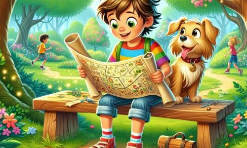 Ilustración que representa un magnífico parque en plena floración, con majestuosos árboles de hojas verdes brillantes y flores de colores esparcidas por el suelo. En el centro de esta escena, un niño de 11 años, con el cabello castaño desordenado y ojos brillantes de curiosidad, se inclina emocionado para examinar un viejo mapa enrollado en sus manos. Lleva una camiseta de rayas coloridas, un pantalón corto de mezclilla y zapatillas desgastadas, que atestiguan sus numerosas aventuras. A su lado, un perro de pelaje dorado, con ojos brillantes y cola moviéndose, observa atentamente a su dueño, listo para seguirlo en sus exploraciones. Juntos, descubren un tesoro escondido bajo un viejo banco, rodeado de hojas y pequeñas piedras brillantes. La situación principal muestra el momento en que el niño, maravillado, despliega el viejo mapa, revelando símbolos misteriosos y una gran "X" marcada en el centro, mientras el perro parece impaciente por partir a la aventura. Al fondo, niños juegan alegremente, añadiendo una atmósfera de camaradería y exploración a esta escena mágica.